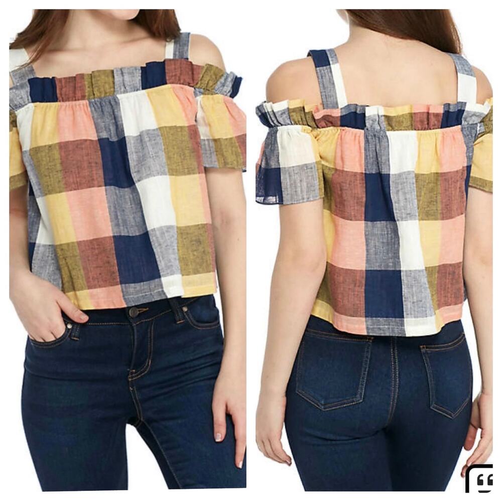 English Factory Short Sleeve Ruffled Cold Shoulder Plaid Top Size XS